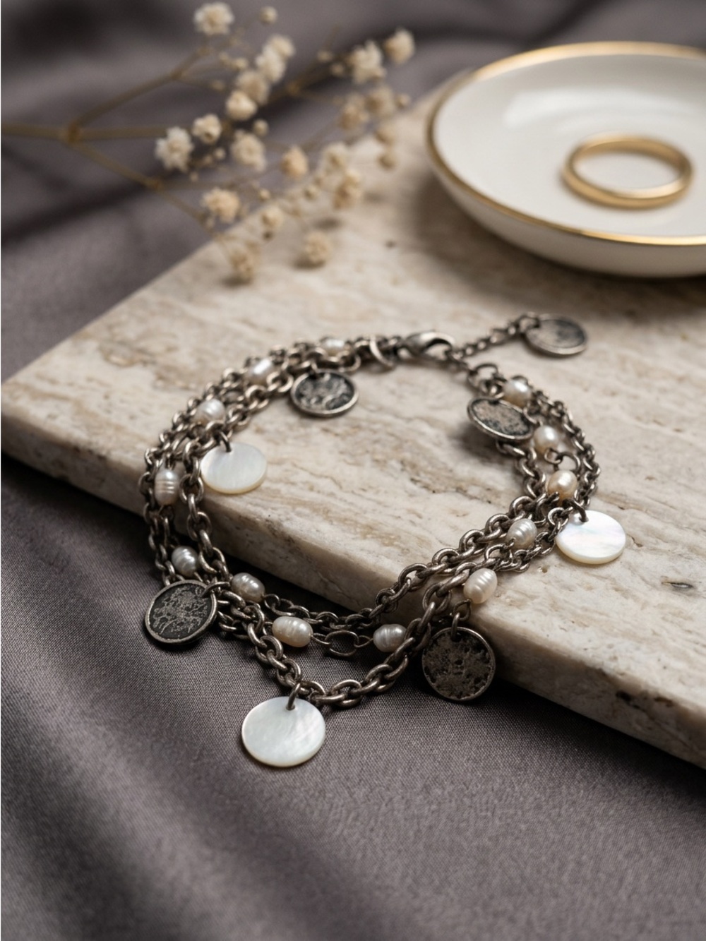 Vintage American Eagle Multi Strand Charm Bracelet Faux Pearl Coin Boho Y2K AE